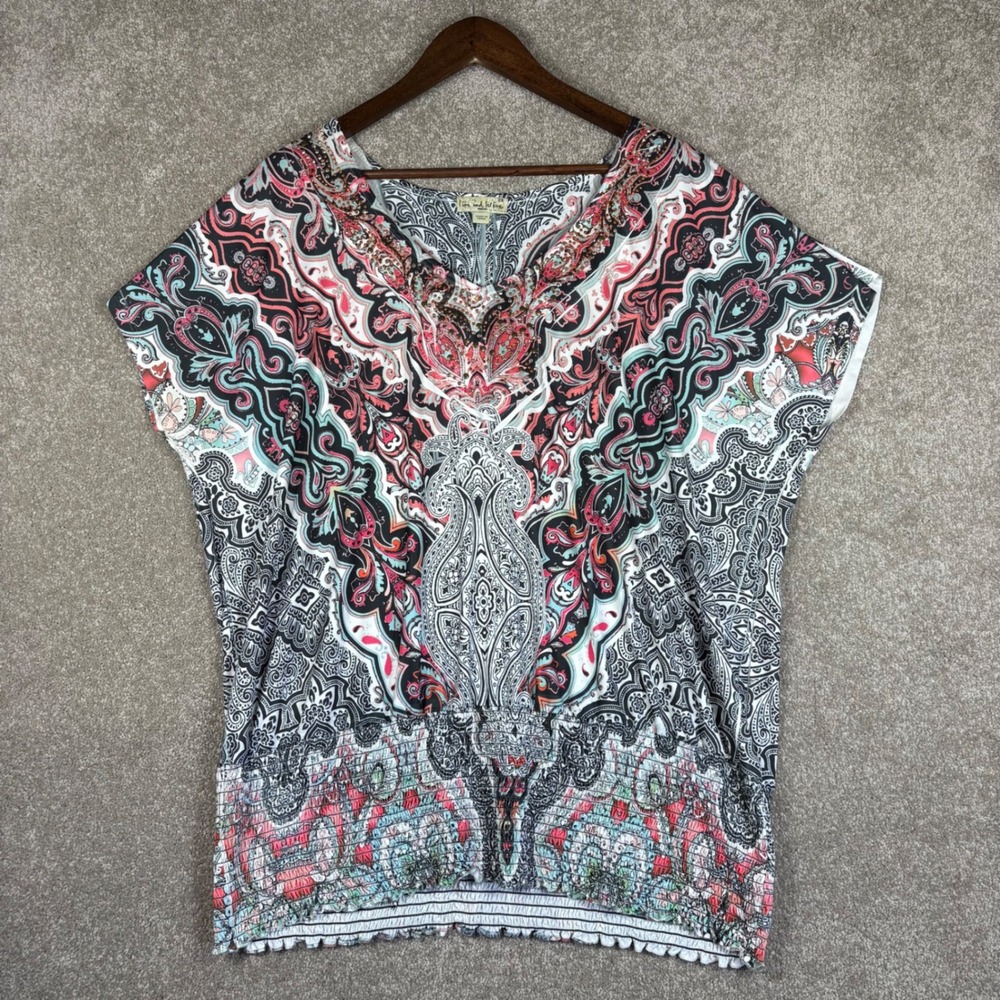 Live and Let Live Paisley Studded V-Neck Smocked Hem Blouse Top 2X